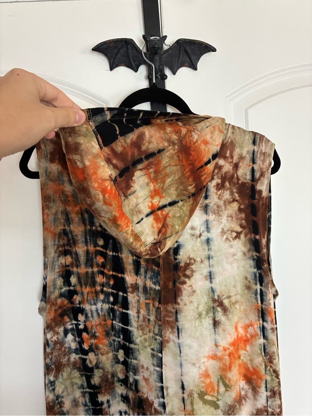 Bohemian Tie-Dye Duster Vest with Hood Brown & Rust Soft Stretchy 1X - Picture 10 of 11